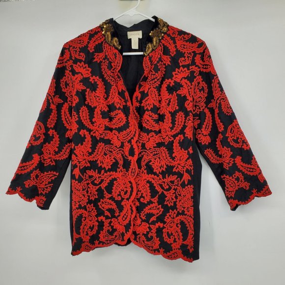 Chico's Red and Black Collectibles Embroidered Paisley Print Jacket M Petite - Picture 1 of 12